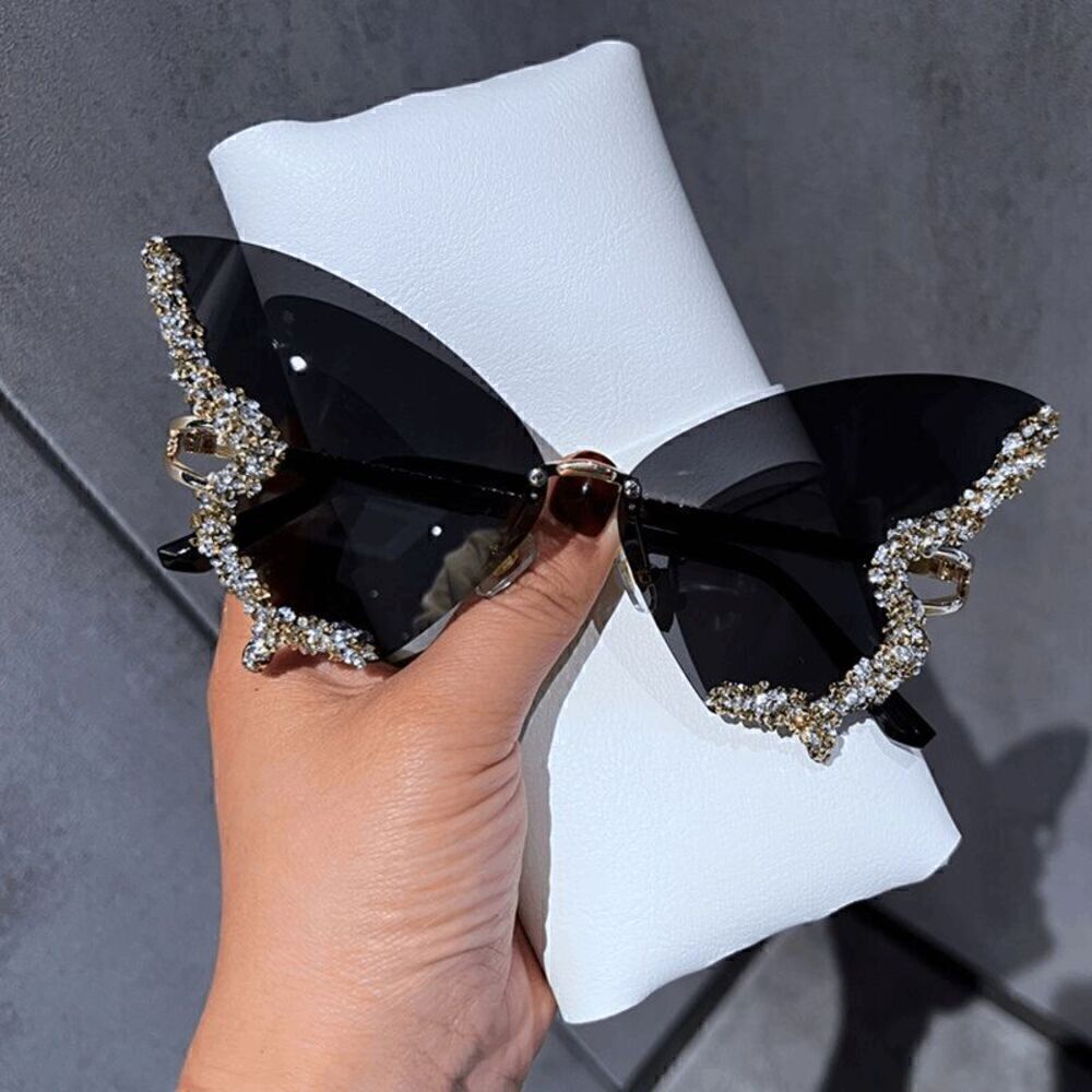 🦋✨ Rhinestone Diamond Butterfly Rimless Y2K Shades Sunglasses NEW - Picture 2 of 15